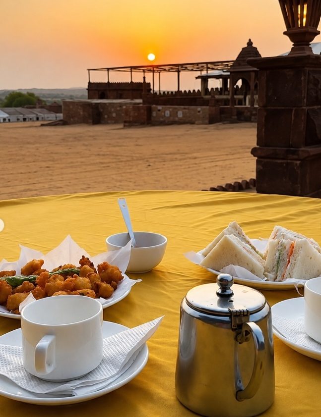 Authentic High Tea with fresh snacks and tea at sunset overlooking Camp Thar