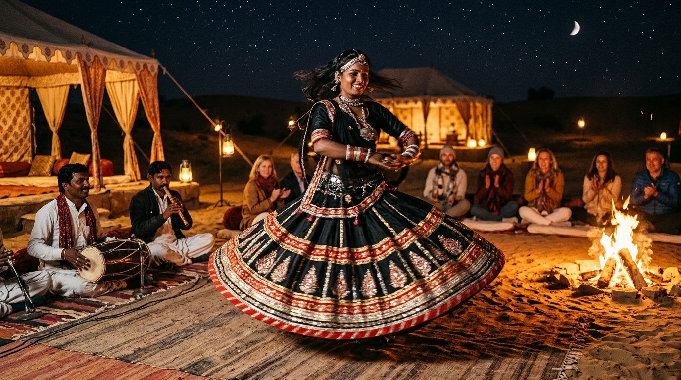 Kalbeliya folk dancer performing by the campfire at Camp Thar Osian