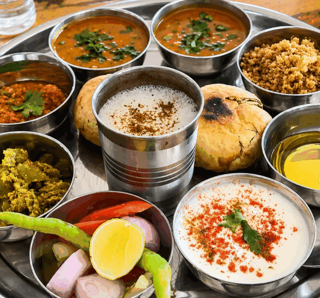 Authentic Marwari Dal Baati Churma royal thali with spiced buttermilk